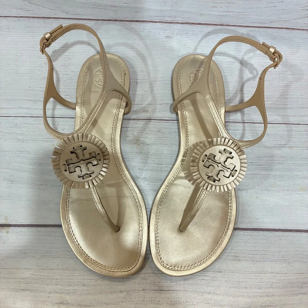 Tory Burch Miller Fringe Sandals Womens 7.5 Gold Metallic Logo Flat Leather